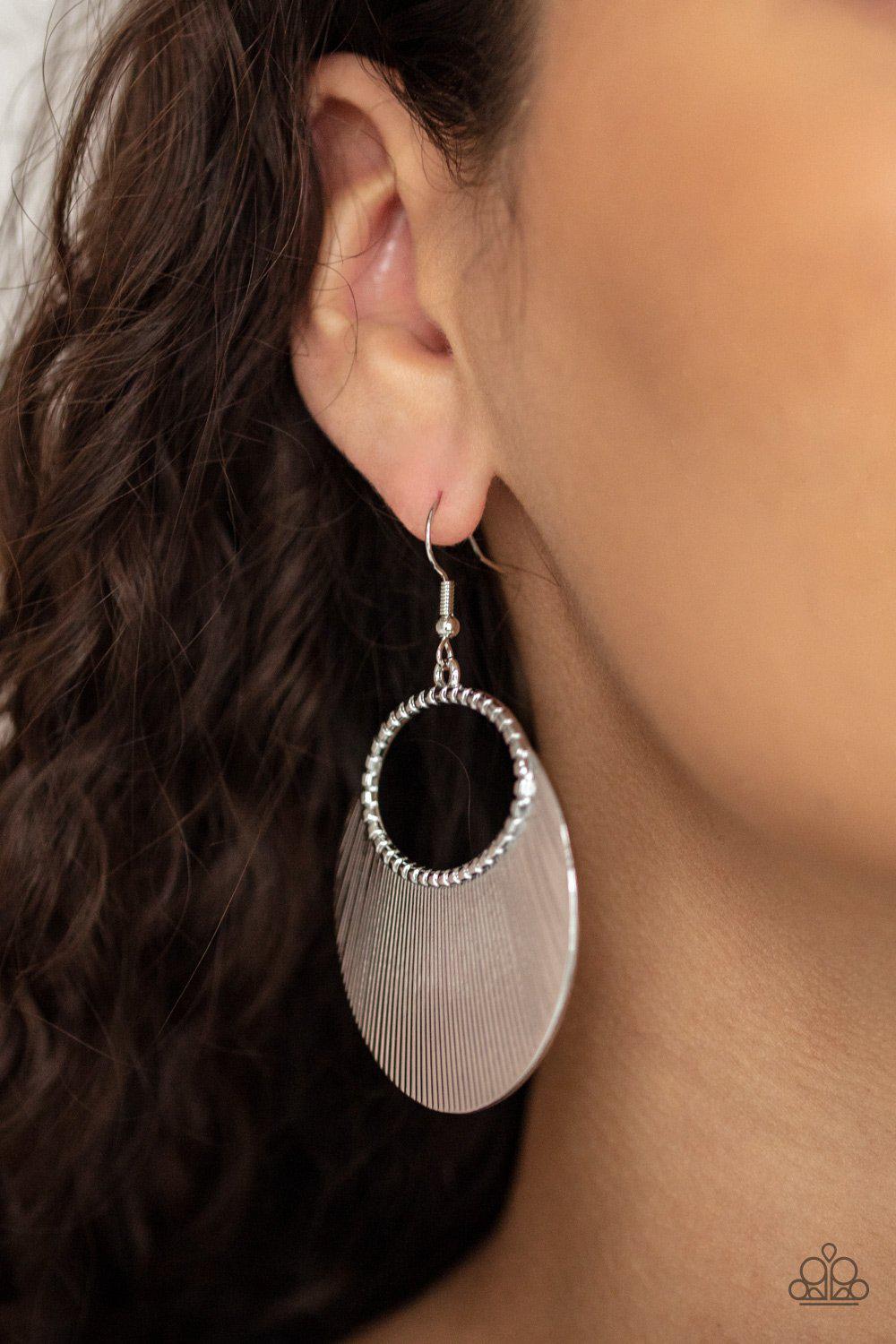 Fan Girl Glam Silver Earrings - Paparazzi Accessories- on model - CarasShop.com - Paparazzi Jewelry by Cara Jewels