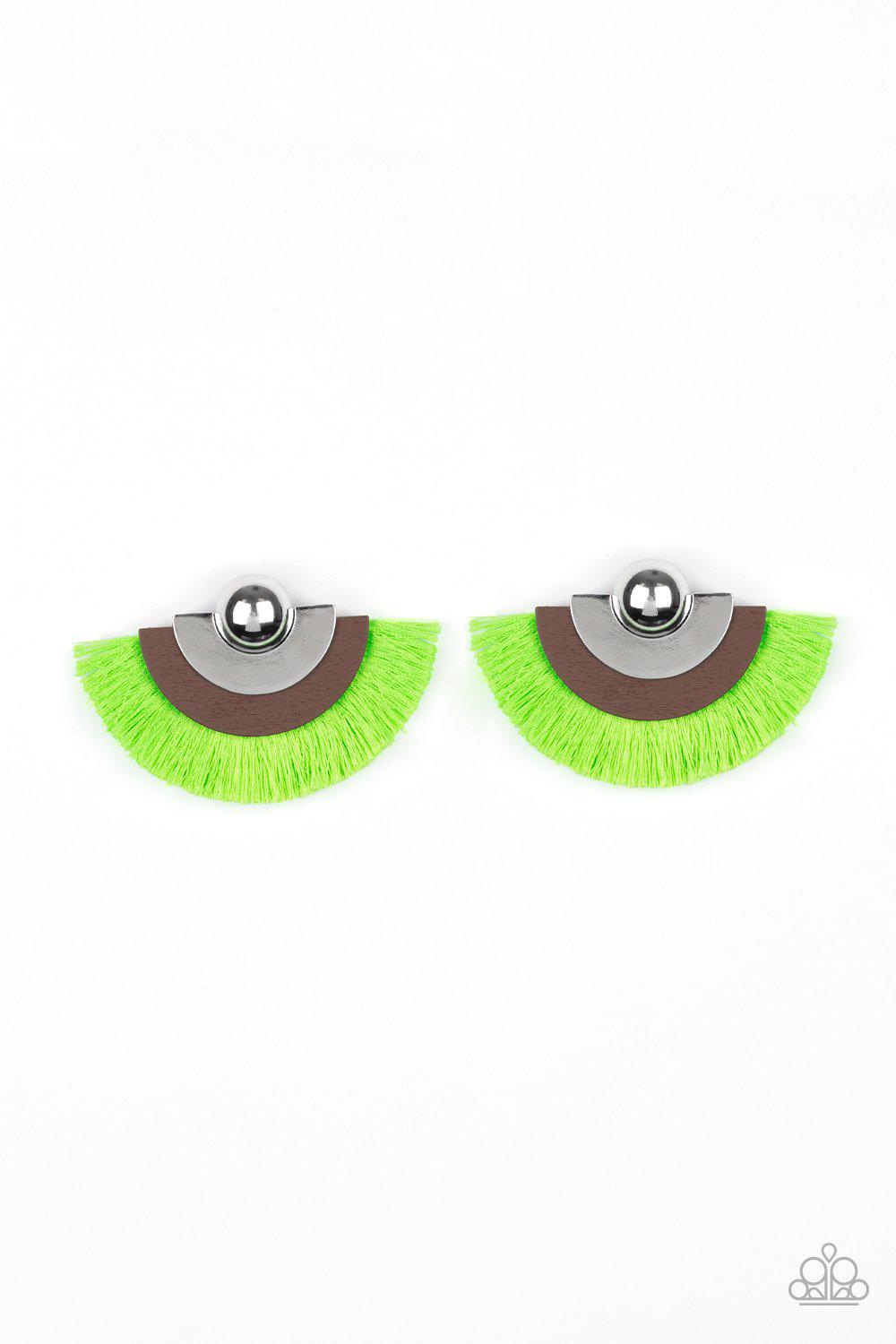 Fan The FLAMBOYANCE Neon Green Fringe Earrings - Paparazzi Accessories- lightbox - CarasShop.com - Paparazzi Jewelry by Cara Jewels