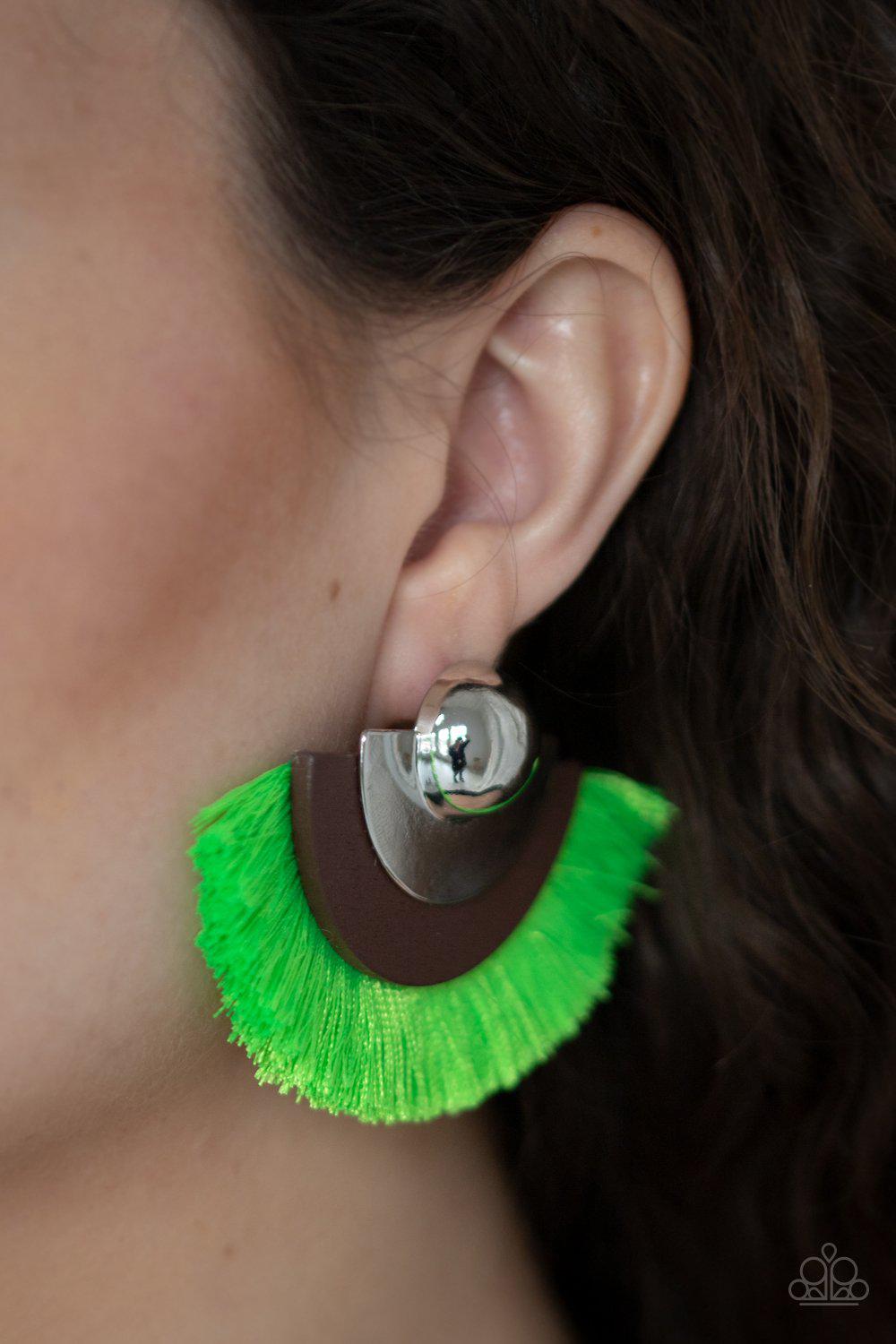 Fan The FLAMBOYANCE Neon Green Fringe Earrings - Paparazzi Accessories- lightbox - CarasShop.com - Paparazzi Jewelry by Cara Jewels