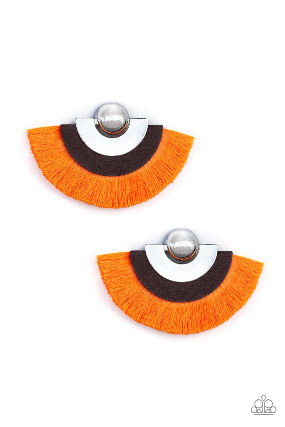 Fan The FLAMBOYANCE Neon Orange Fringe Earrings - Paparazzi Accessories- lightbox - CarasShop.com - Paparazzi Jewelry by Cara Jewels