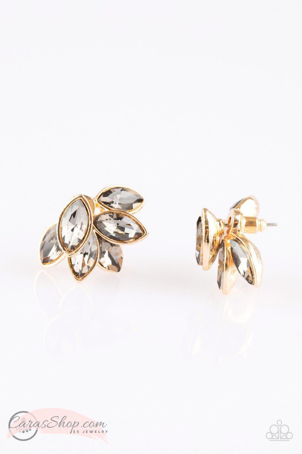 Fanciest Of Them All Smoky Gem and Gold Double-sided Post Earrings - Paparazzi Accessories- lightbox - CarasShop.com - Paparazzi Jewelry by Cara Jewels