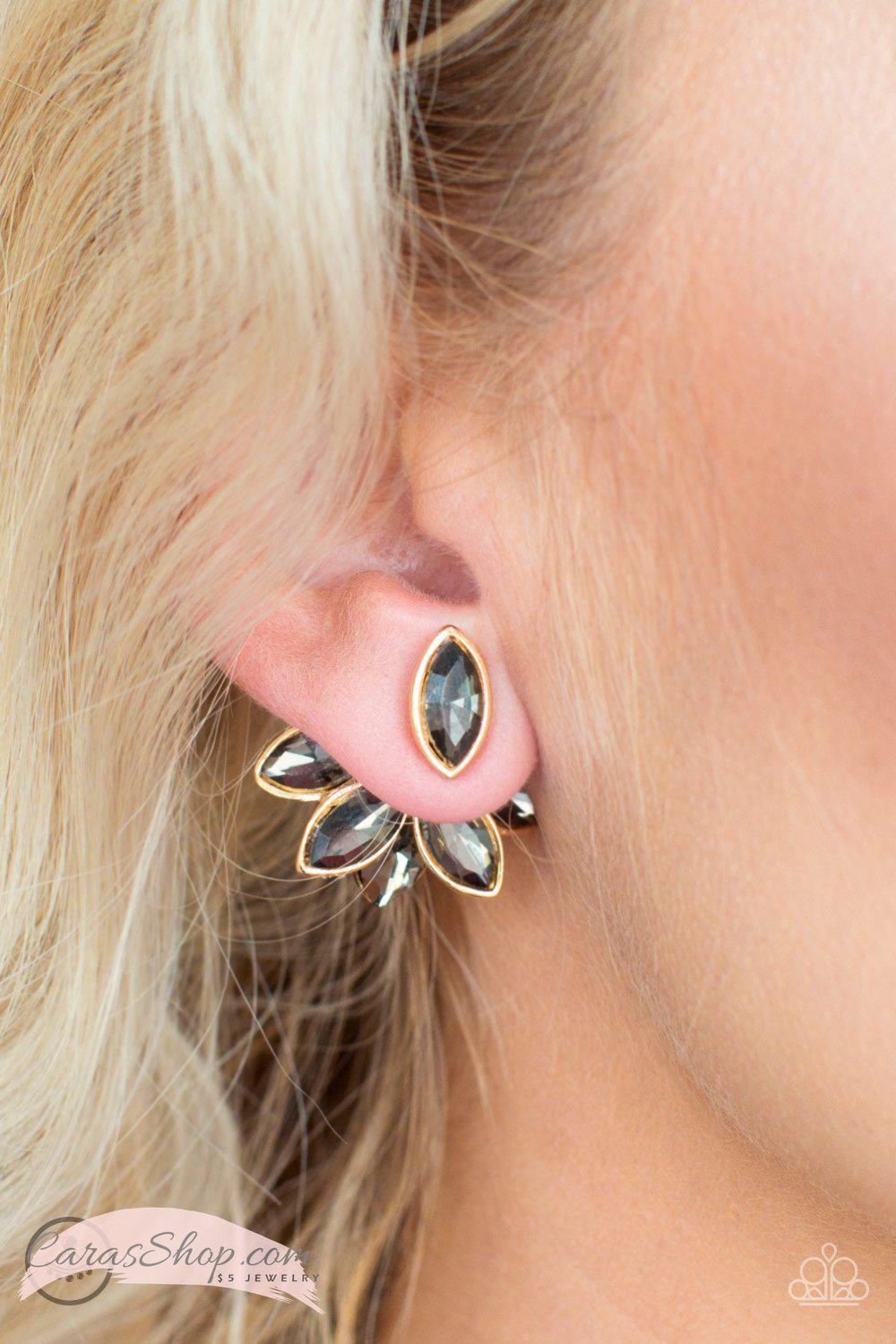 Fanciest Of Them All Smoky Gem and Gold Double-sided Post Earrings - Paparazzi Accessories- on model - CarasShop.com - Paparazzi Jewelry by Cara Jewels