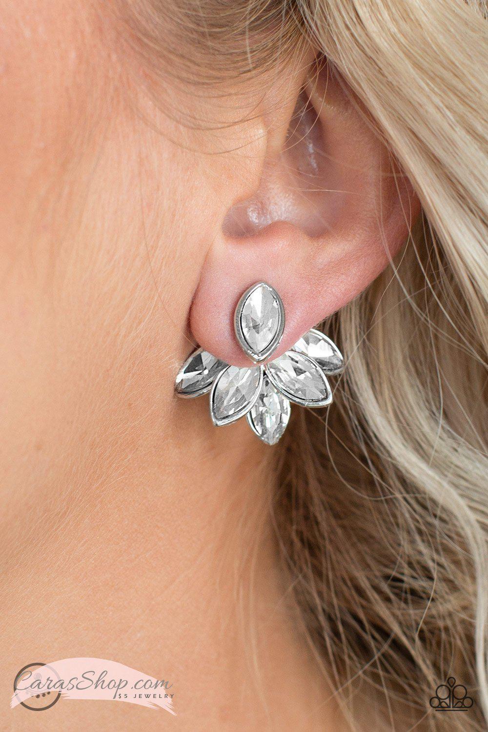 Fanciest of Them All White Double-sided Post Earrings - Paparazzi Accessories- on model - CarasShop.com - Paparazzi Jewelry by Cara Jewels