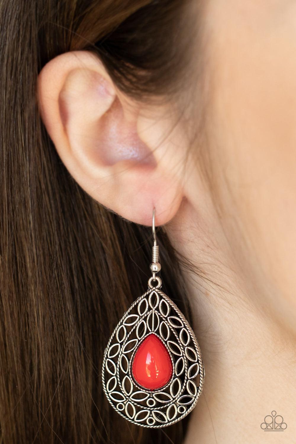 Fanciful Droplets Red Earrings - Paparazzi Accessories- on model - CarasShop.com - Paparazzi Jewelry by Cara Jewels