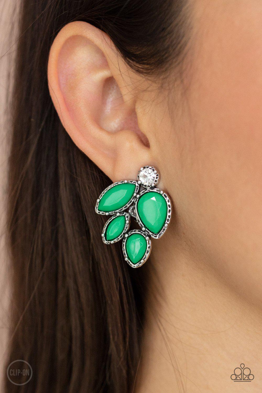Fancy Foliage Green Clip-On Earrings - Paparazzi Accessories- on model - CarasShop.com - Paparazzi Jewelry by Cara Jewels