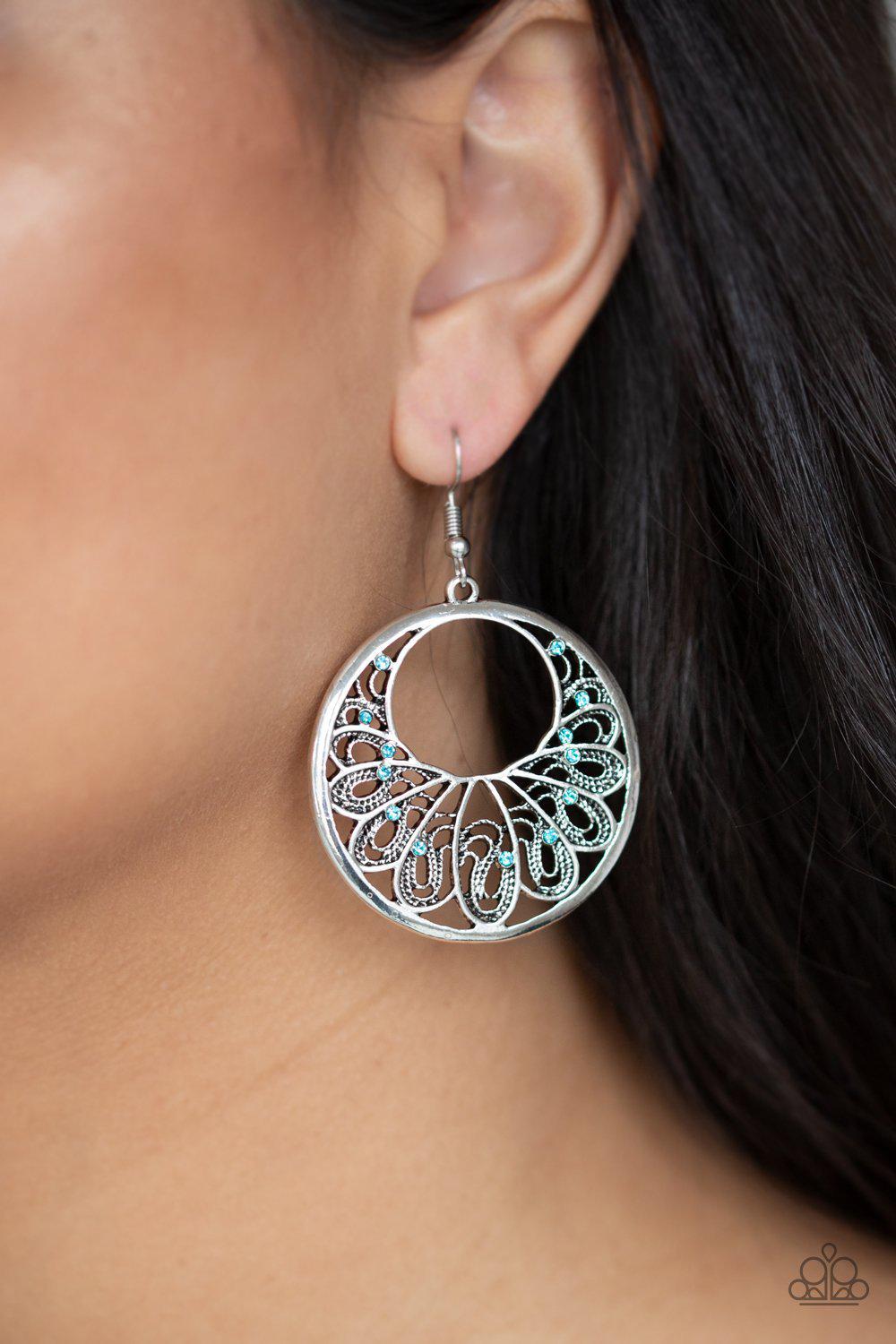 Fancy That Blue and Silver Filigree Earrings - Paparazzi Accessories- on model - CarasShop.com - Paparazzi Jewelry by Cara Jewels