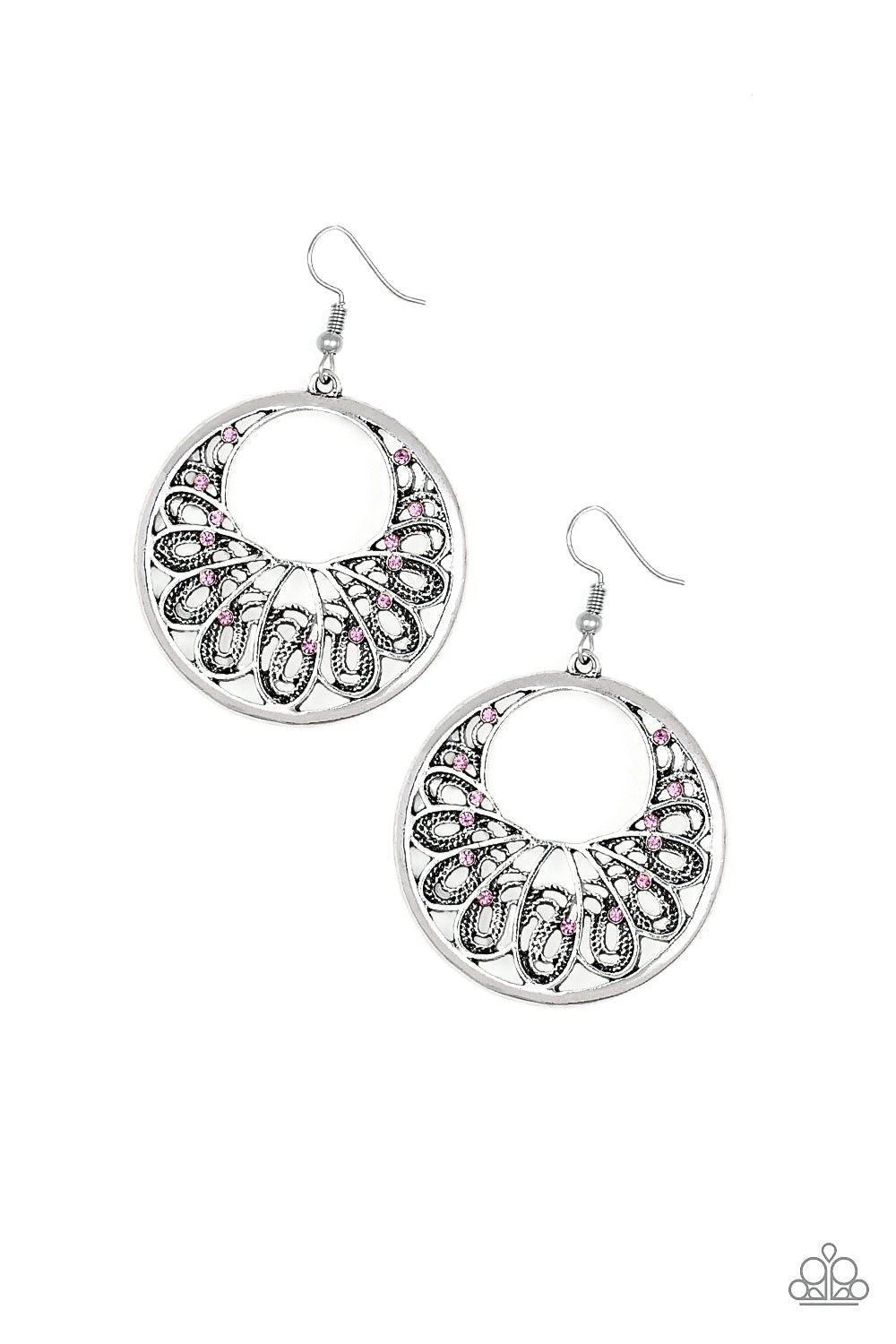 Fancy That Pink and Silver Filigree Earrings - Paparazzi Accessories- lightbox - CarasShop.com - Paparazzi Jewelry by Cara Jewels