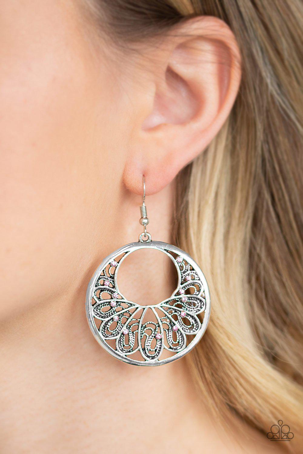 Fancy That Pink and Silver Filigree Earrings - Paparazzi Accessories- lightbox - CarasShop.com - Paparazzi Jewelry by Cara Jewels