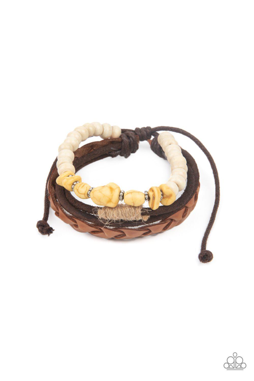 Far Out Wayfair Yellow Stone and Brown Leather Urban Knot Bracelet - Paparazzi Accessories- lightbox - CarasShop.com - Paparazzi Jewelry by Cara Jewels