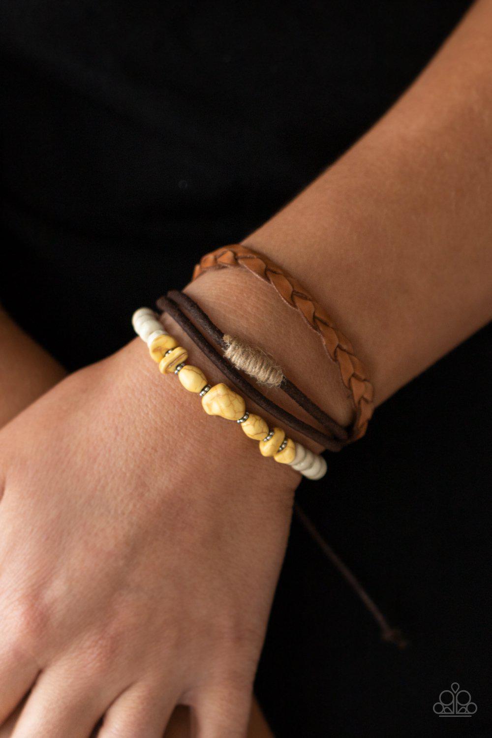 Far Out Wayfair Yellow Stone and Brown Leather Urban Knot Bracelet - Paparazzi Accessories- on model - CarasShop.com - Paparazzi Jewelry by Cara Jewels