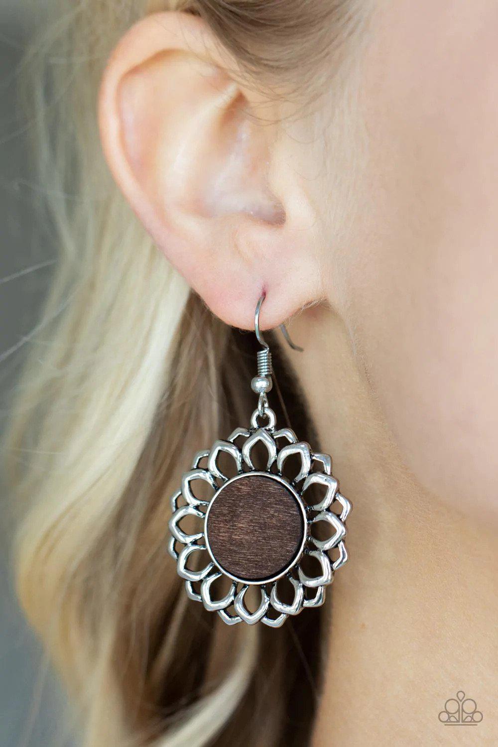 Farmhouse Fashionista Brown Earrings - Paparazzi Accessories- on model - CarasShop.com - Paparazzi Jewelry by Cara Jewels