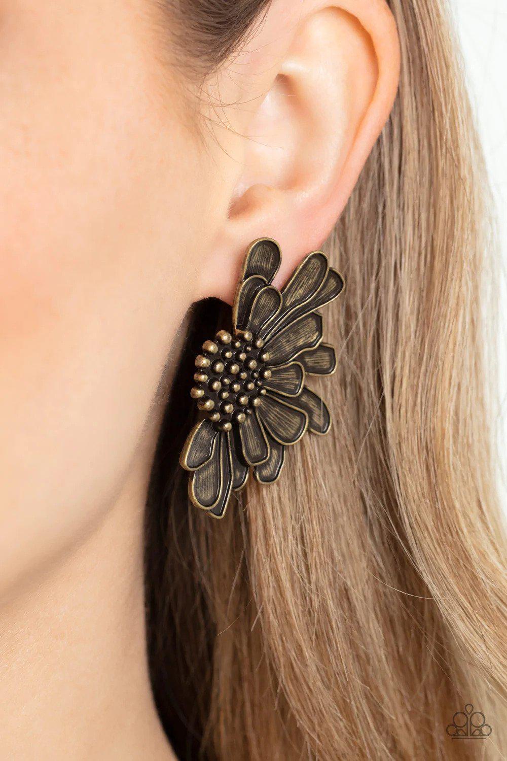 Farmstead Meadow Brass Earrings - Paparazzi Accessories- on model - CarasShop.com - Paparazzi Jewelry by Cara Jewels