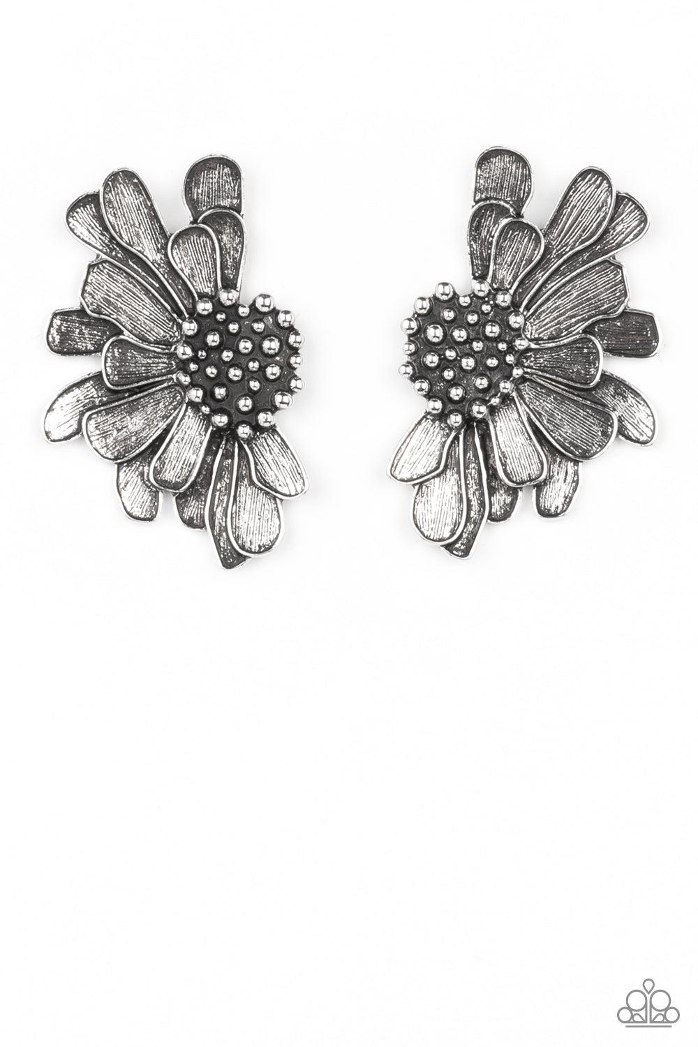 Farmstead Meadow Silver Flower Earrings - Paparazzi Accessories- lightbox - CarasShop.com - Paparazzi Jewelry by Cara Jewels