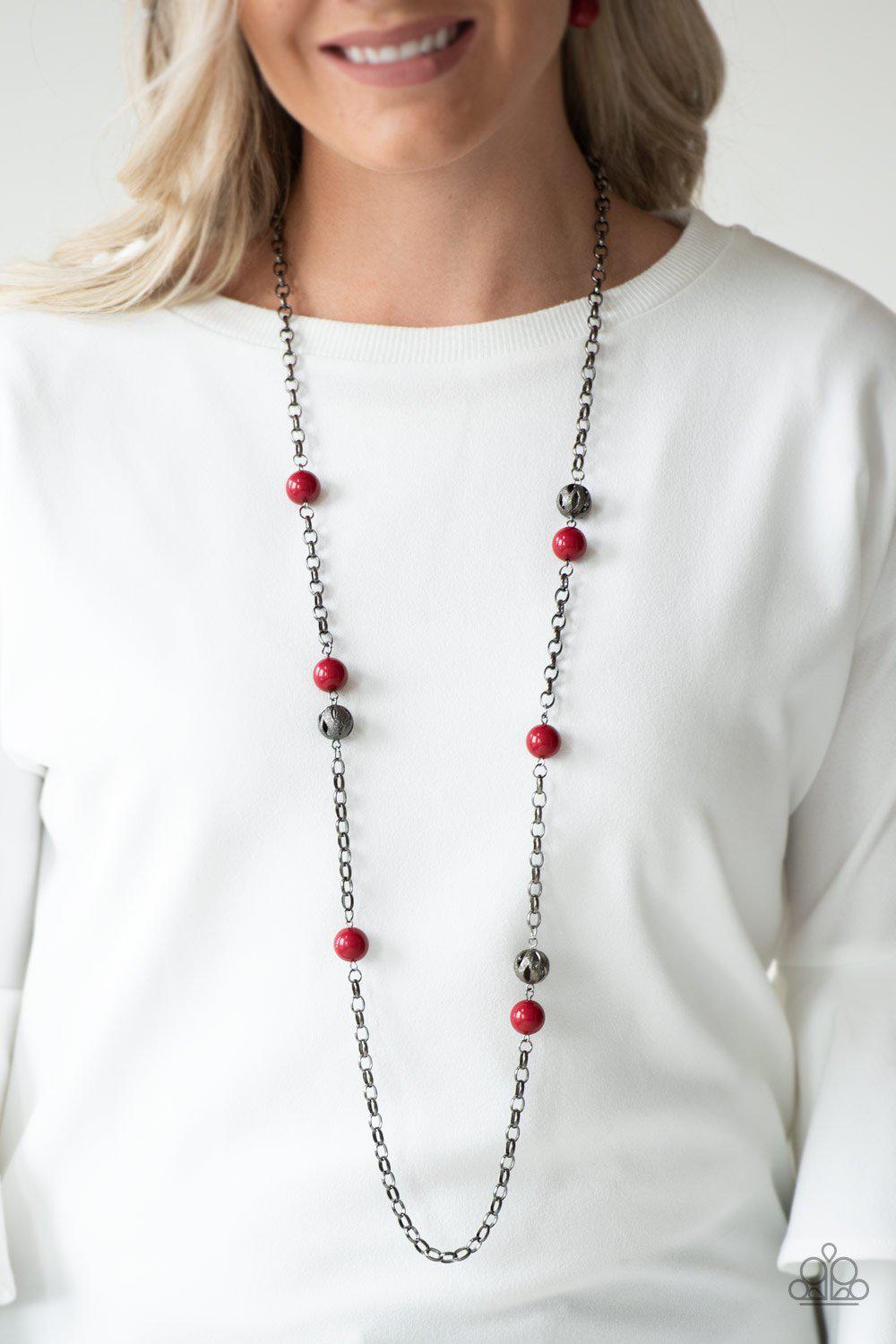 Fashion Fad Red Necklace - Paparazzi Accessories- on model - CarasShop.com - Paparazzi Jewelry by Cara Jewels