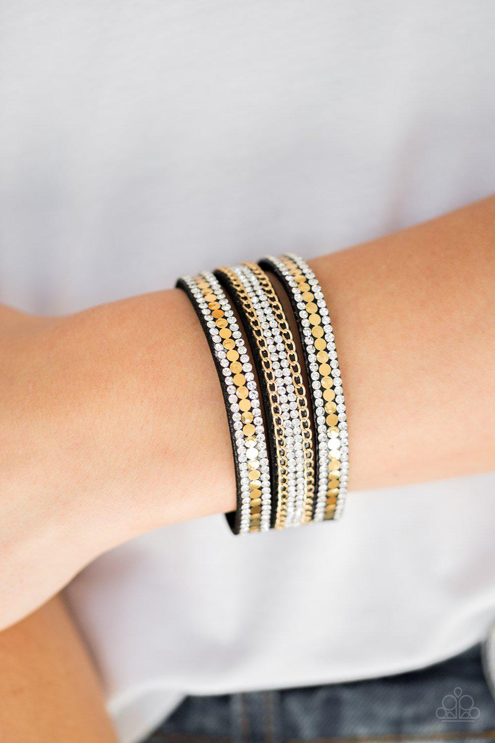 Fashion Fanatic Gold, White and Black Urban Wrap Snap Bracelet - Paparazzi Accessories- lightbox - CarasShop.com - Paparazzi Jewelry by Cara Jewels