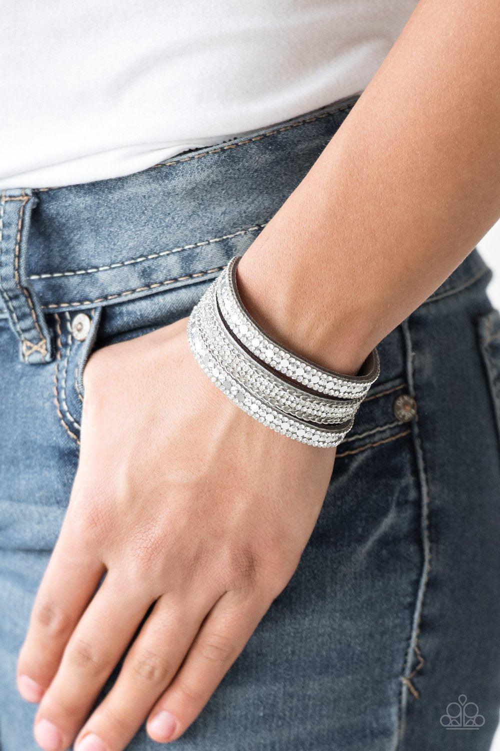 Fashion Fanatic Silver Urban Wrap Snap Bracelet - Paparazzi Accessories- on model - CarasShop.com - Paparazzi Jewelry by Cara Jewels