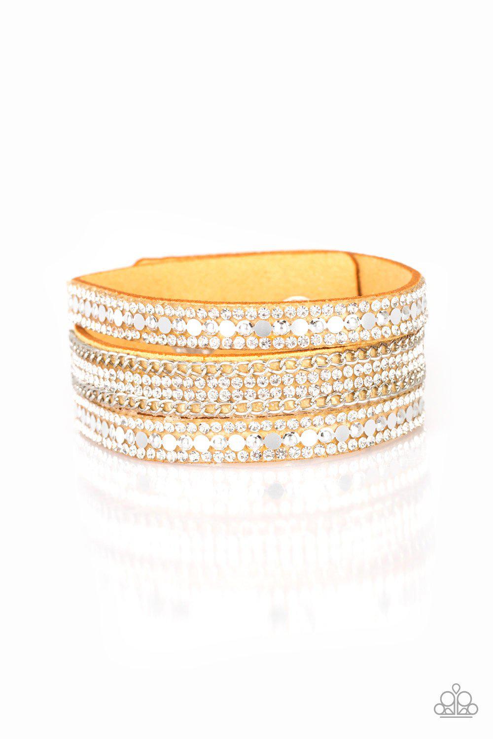 Fashion Fanatic Yellow and White Rhinestone Wrap Snap Bracelet - Paparazzi Accessories- lightbox - CarasShop.com - Paparazzi Jewelry by Cara Jewels