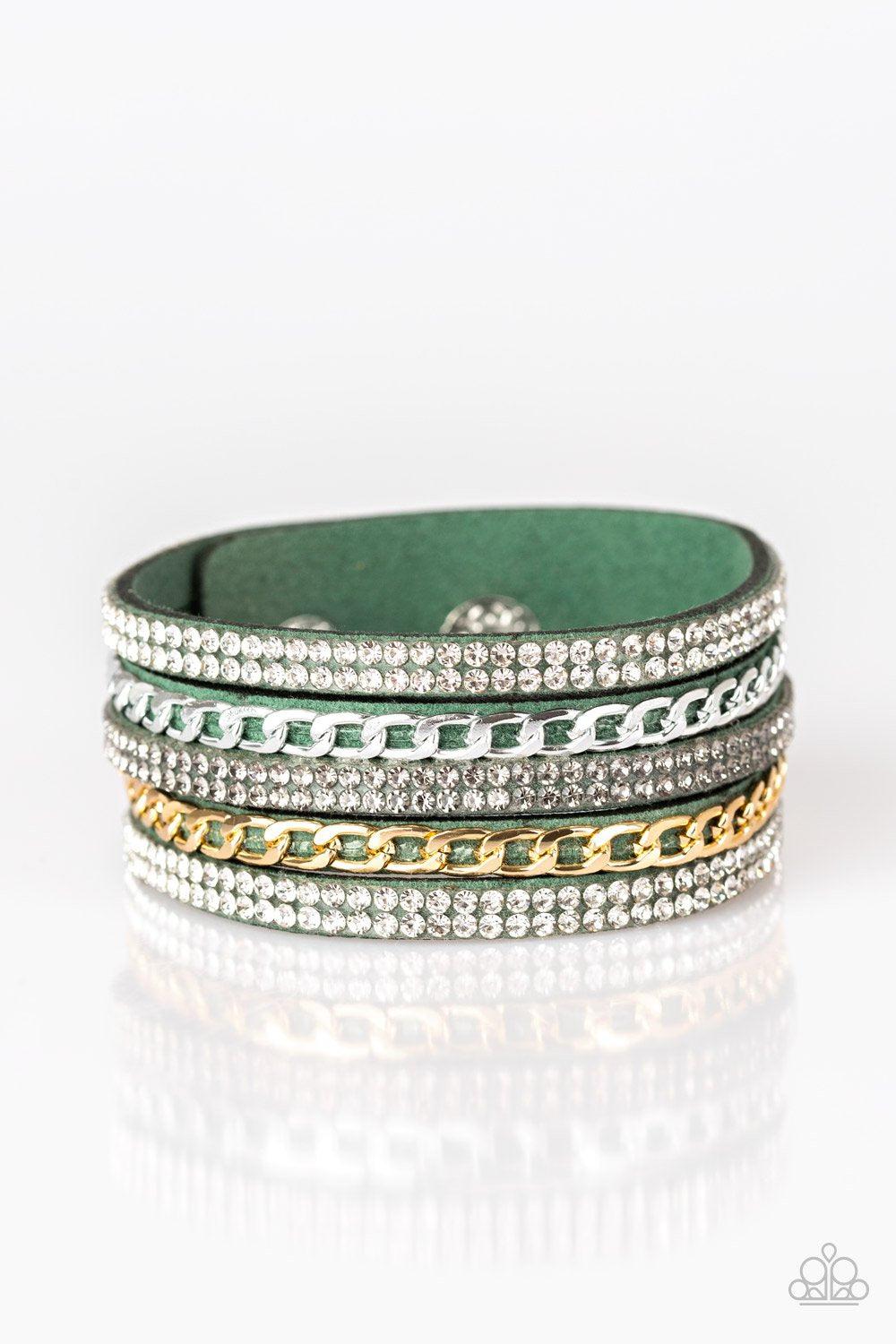 Fashion Fiend Green, Silver and Gold Urban Wrap Snap Bracelet - Paparazzi Accessories- lightbox - CarasShop.com - Paparazzi Jewelry by Cara Jewels