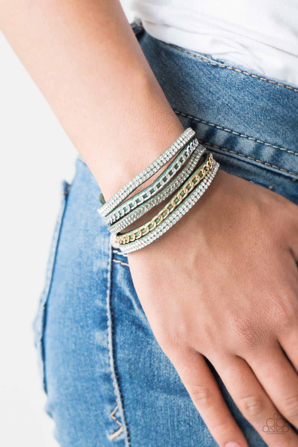 Fashion Fiend Green, Silver and Gold Urban Wrap Snap Bracelet - Paparazzi Accessories- on model - CarasShop.com - Paparazzi Jewelry by Cara Jewels