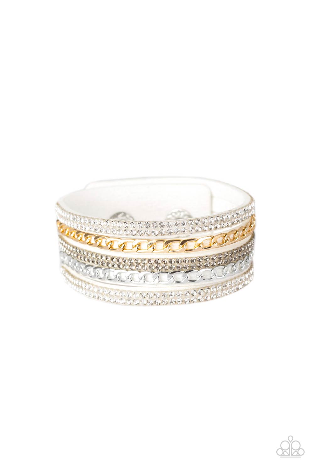 Fashion Fiend White, Silver and Gold Urban Wrap Snap Bracelet - Paparazzi Accessories- lightbox - CarasShop.com - Paparazzi Jewelry by Cara Jewels