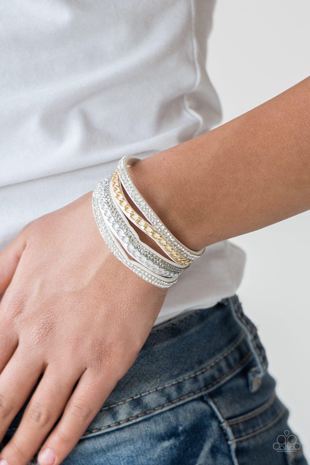 Fashion Fiend White, Silver and Gold Urban Wrap Snap Bracelet - Paparazzi Accessories- on model - CarasShop.com - Paparazzi Jewelry by Cara Jewels
