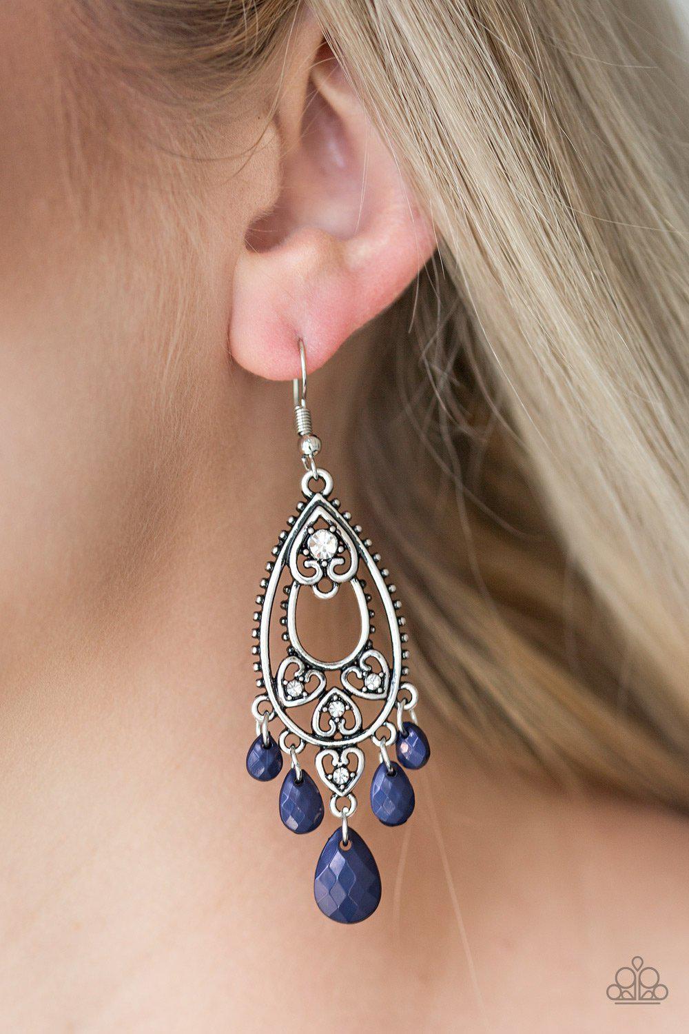 Fashion Flirt Blue and Silver Earrings - Paparazzi Accessories- on model - CarasShop.com - Paparazzi Jewelry by Cara Jewels