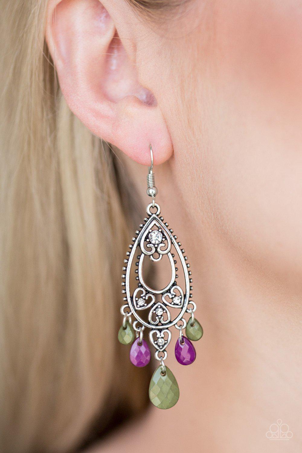 Fashion Flirt Multi-color Green and Purple Earrings - Paparazzi Accessories- on model - CarasShop.com - Paparazzi Jewelry by Cara Jewels