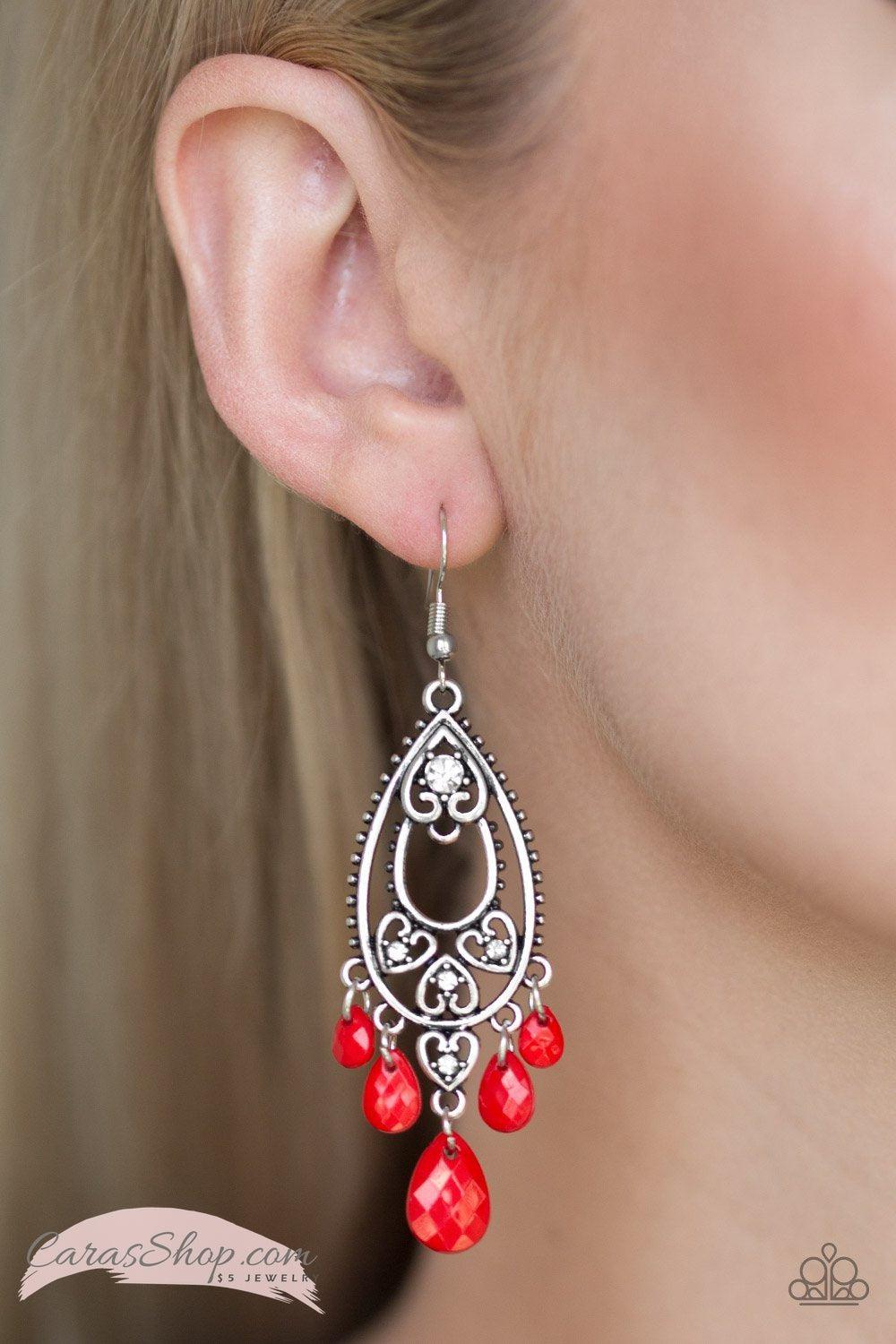 Fashion Flirt - Red Earrings - Paparazzi Accessories- on model - CarasShop.com - Paparazzi Jewelry by Cara Jewels