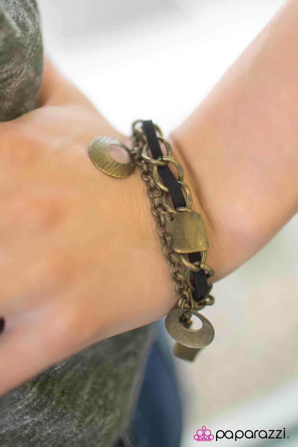 Fashion Fusion Brass and Black Suede Bracelet - Paparazzi Accessories- on model - CarasShop.com - Paparazzi Jewelry by Cara Jewels