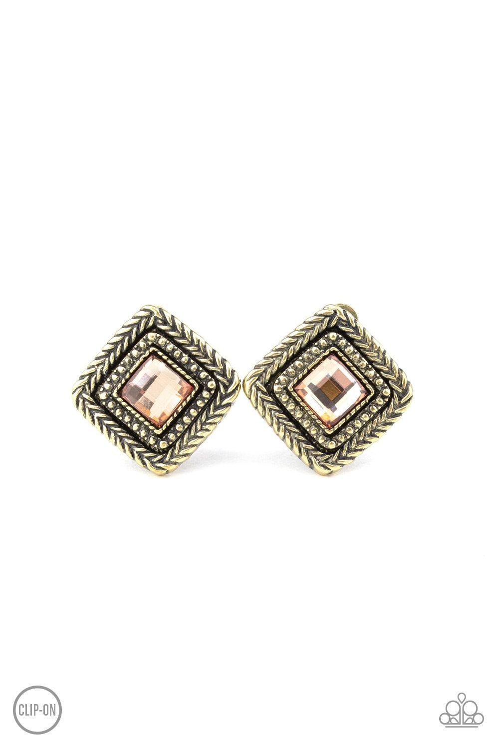 Fashion Square Brass Clip-On Earrings - Paparazzi Accessories- lightbox - CarasShop.com - Paparazzi Jewelry by Cara Jewels