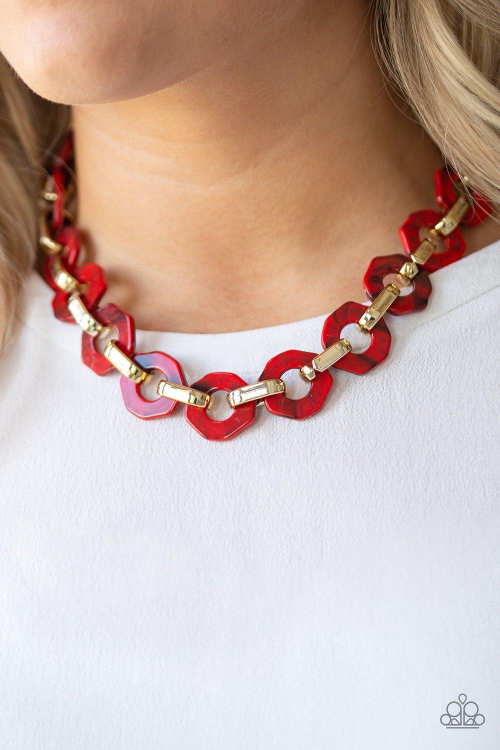 Fashionista Fever Red Acrylic Necklace - Paparazzi Accessories- on model - CarasShop.com - Paparazzi Jewelry by Cara Jewels