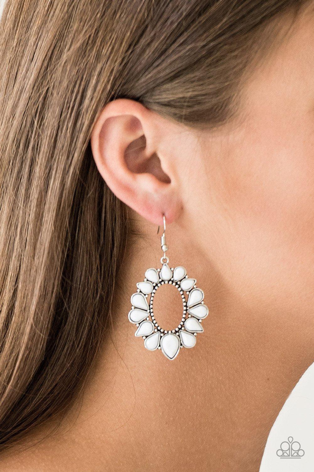 Fashionista Flavor White Earrings - Paparazzi Accessories- on model - CarasShop.com - Paparazzi Jewelry by Cara Jewels