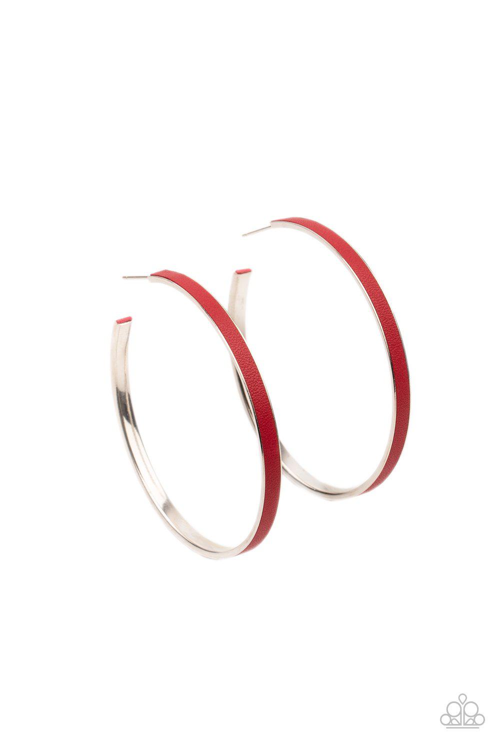 Fearless Flavor Red Leather Hoop Earrings - Paparazzi Accessories- lightbox - CarasShop.com - Paparazzi Jewelry by Cara Jewels