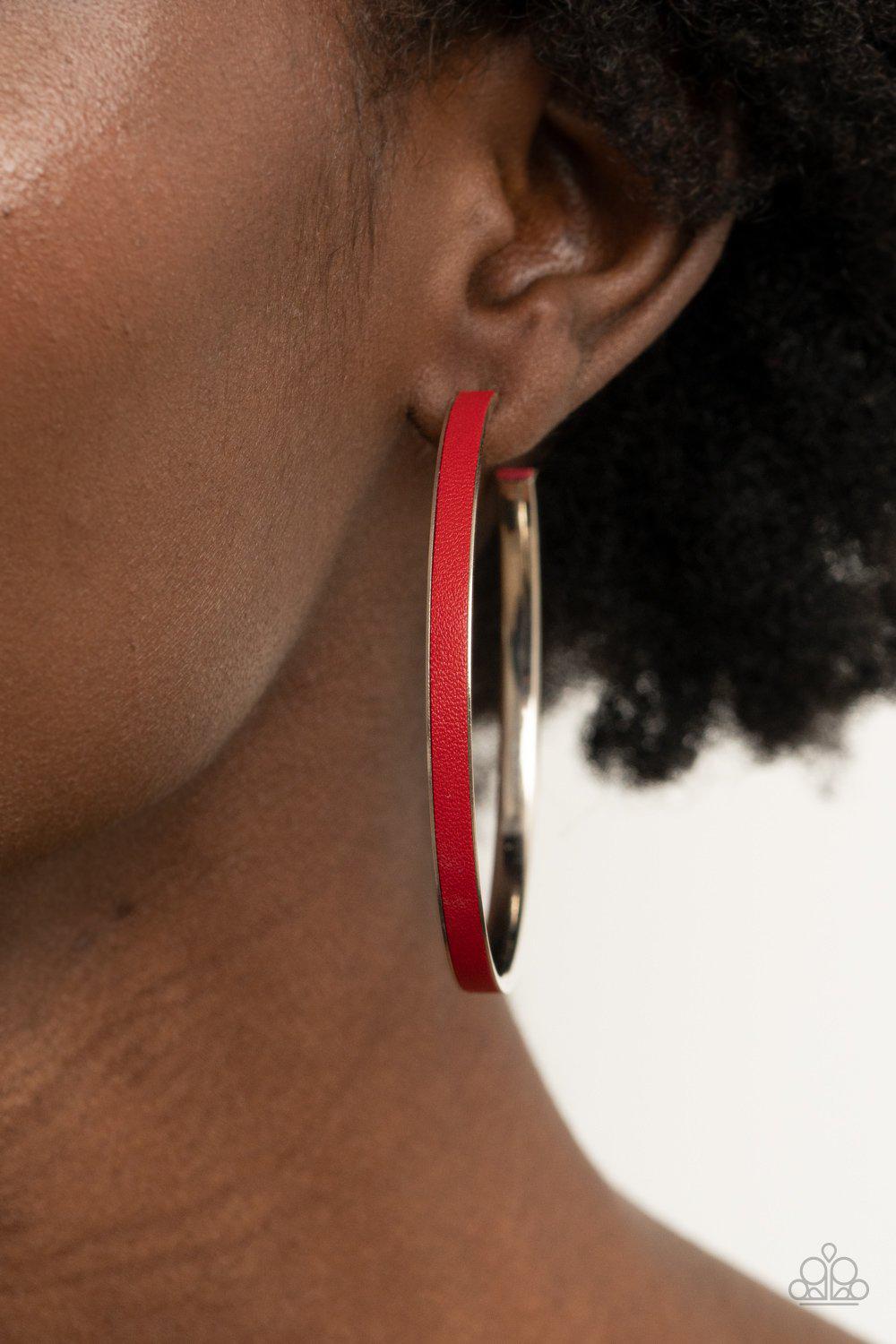 Fearless Flavor Red Leather Hoop Earrings - Paparazzi Accessories- on model - CarasShop.com - Paparazzi Jewelry by Cara Jewels