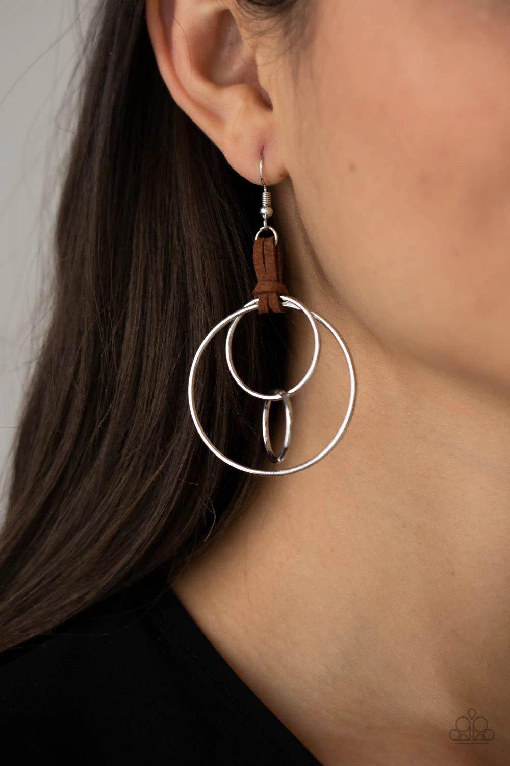 Fearless Fusion Brown & Silver Earrings - Paparazzi Accessories- on model - CarasShop.com - Paparazzi Jewelry by Cara Jewels