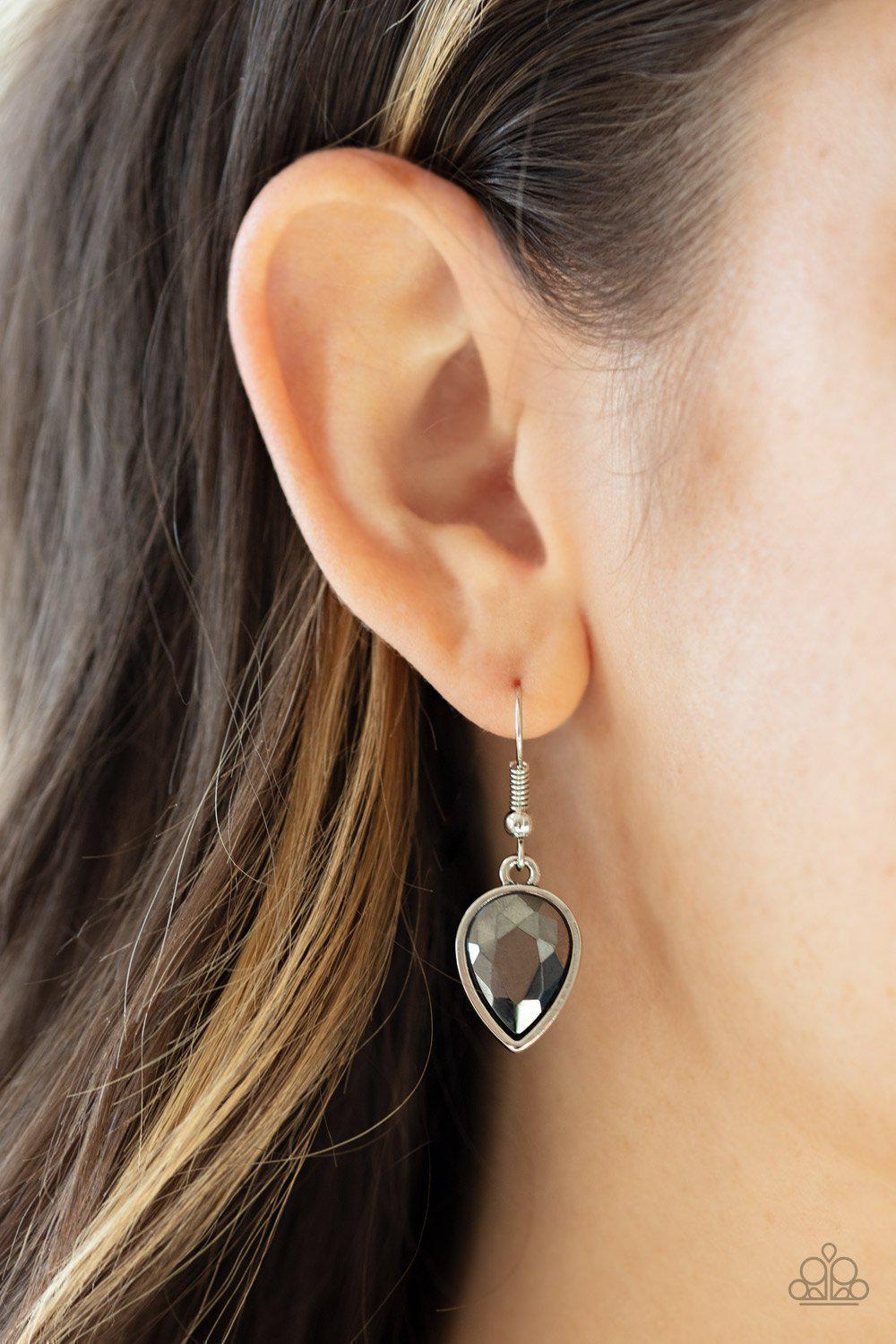 FEARLESS is More Silver Hematite Teardrop Necklace - Paparazzi Accessories - free matching earrings -CarasShop.com - Paparazzi Jewelry by Cara Jewels