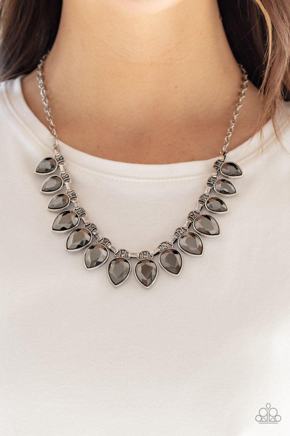 FEARLESS is More Silver Hematite Teardrop Necklace - Paparazzi Accessories- on model - CarasShop.com - Paparazzi Jewelry by Cara Jewels