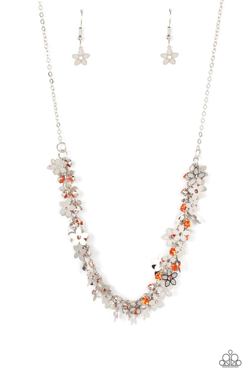 Fearlessly Floral Orange & Silver Flower Necklace - Paparazzi Accessories- lightbox - CarasShop.com - Paparazzi Jewelry by Cara Jewels