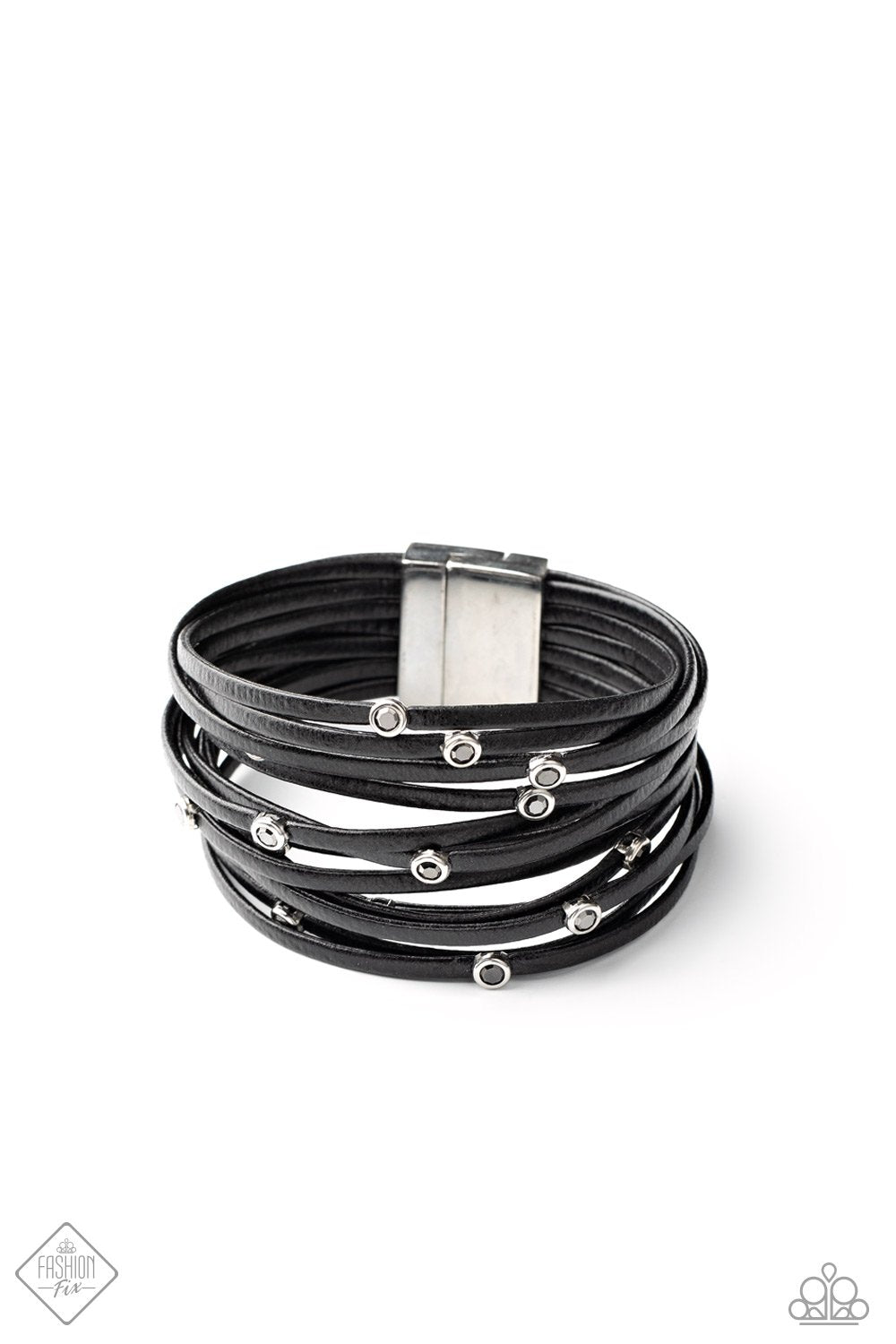 Fearlessly Layered Black Leather and Hematite Rhinestone Magnetic Bracelet - Paparazzi Accessories- lightbox - CarasShop.com - Paparazzi Jewelry by Cara Jewels