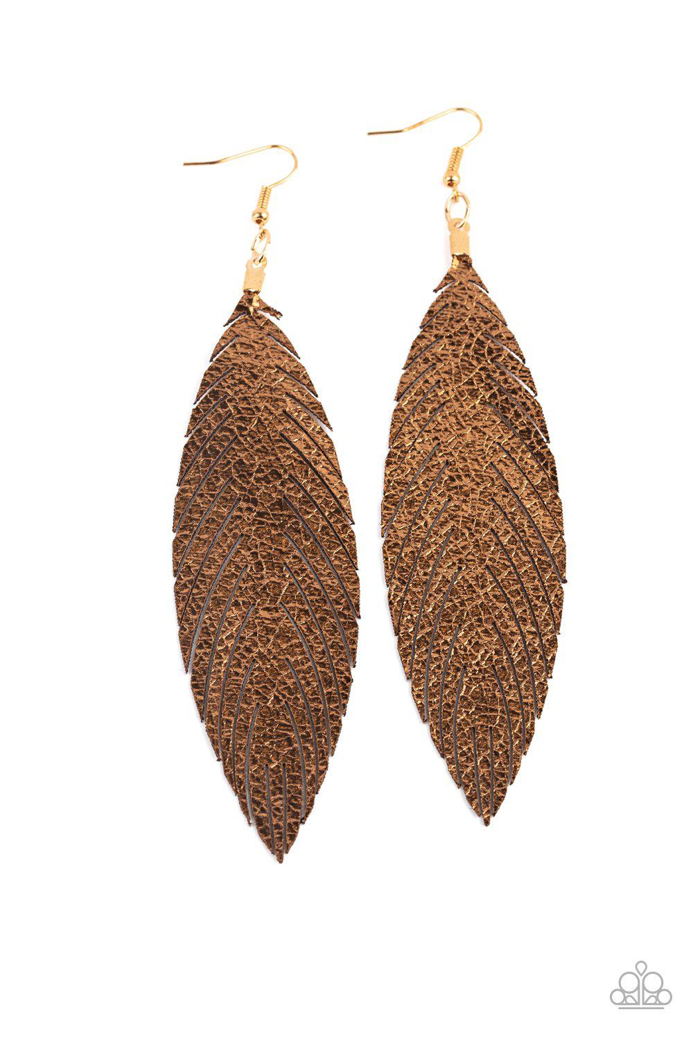 Feather Fantasy Gold Metallic Leather Feather Earrings - Paparazzi Accessories- lightbox - CarasShop.com - Paparazzi Jewelry by Cara Jewels