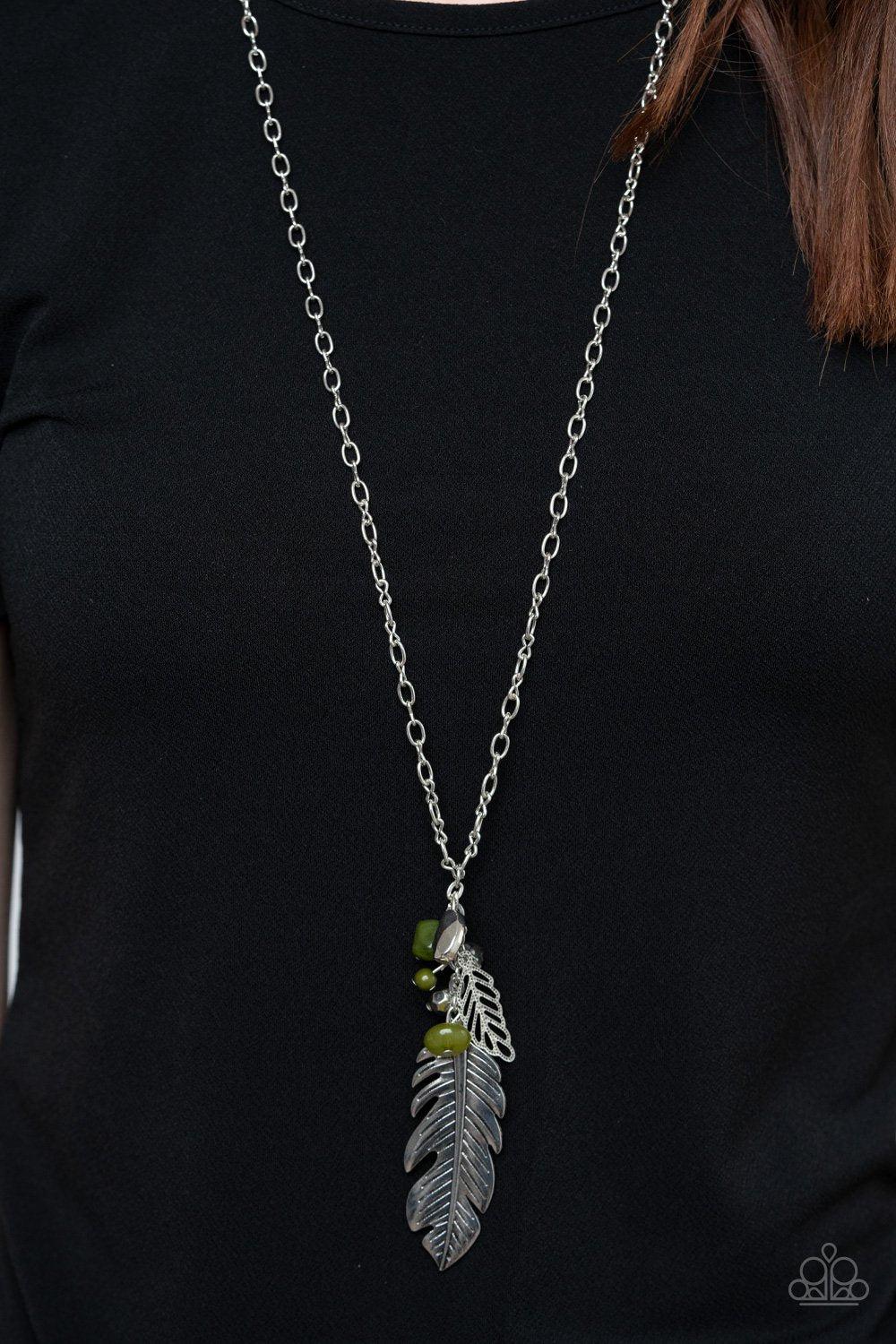 Feather Flair Green and Silver Feather Necklace - Paparazzi Accessories- on model - CarasShop.com - Paparazzi Jewelry by Cara Jewels