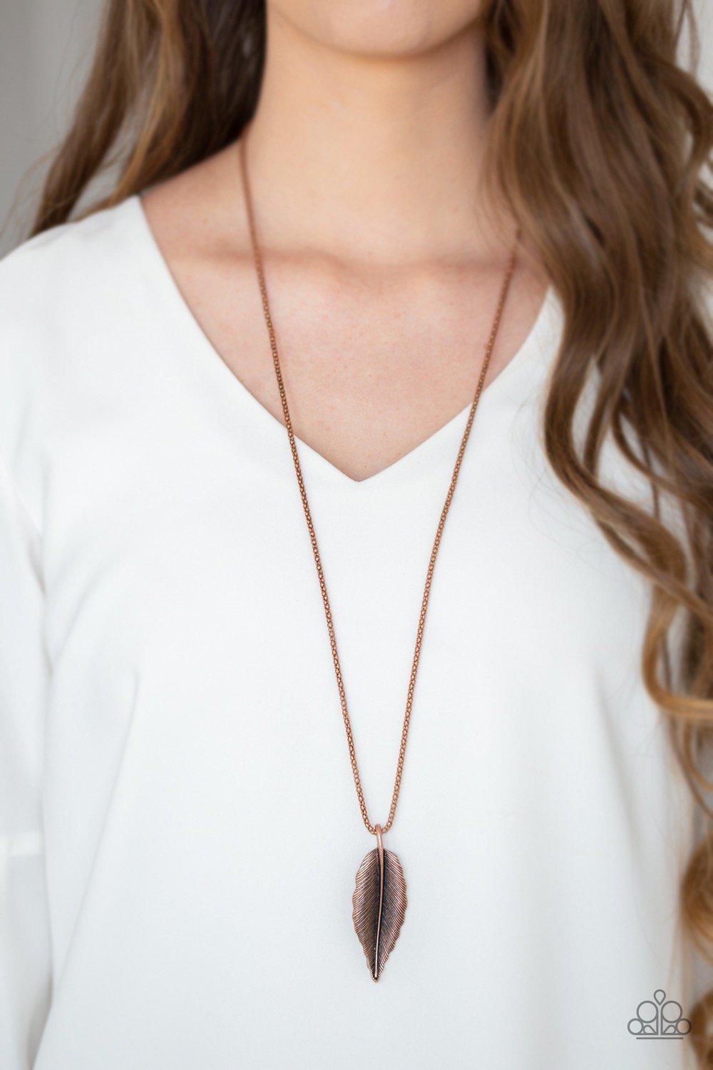 Feather Forager Brass Feather Necklace - Paparazzi Accessories- on model - CarasShop.com - Paparazzi Jewelry by Cara Jewels