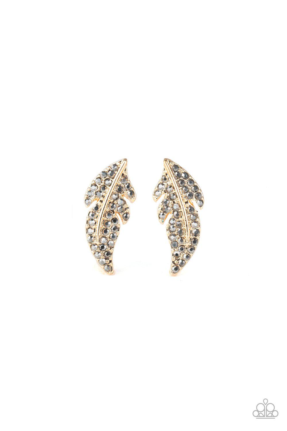Feathered Fortune Gold and Hematite Post Earrings - Paparazzi Accessories- lightbox - CarasShop.com - Paparazzi Jewelry by Cara Jewels