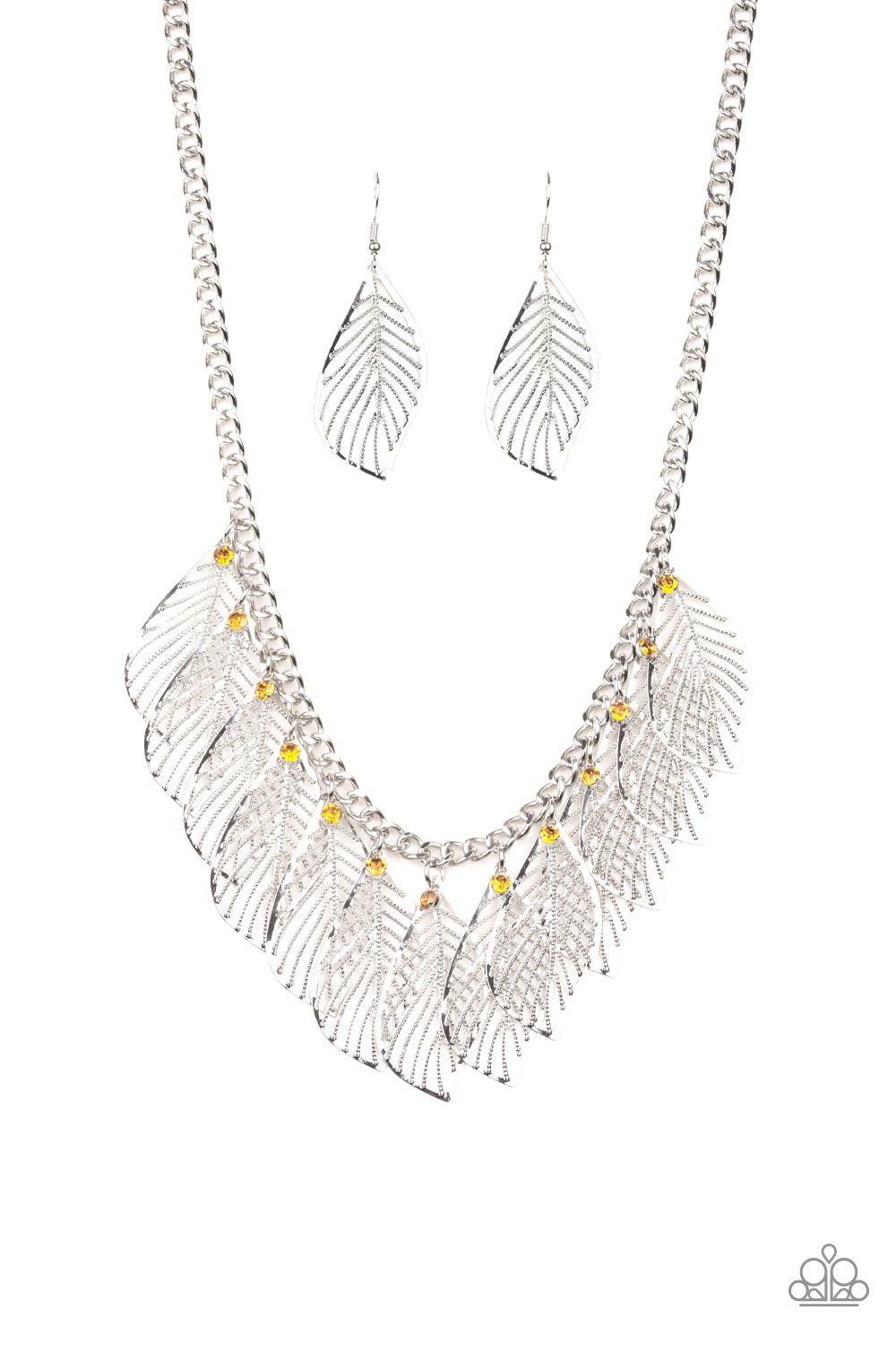 Feathery Foliage Silver and Yellow Necklace and matching Earrings - Paparazzi Accessories- lightbox - CarasShop.com - Paparazzi Jewelry by Cara Jewels