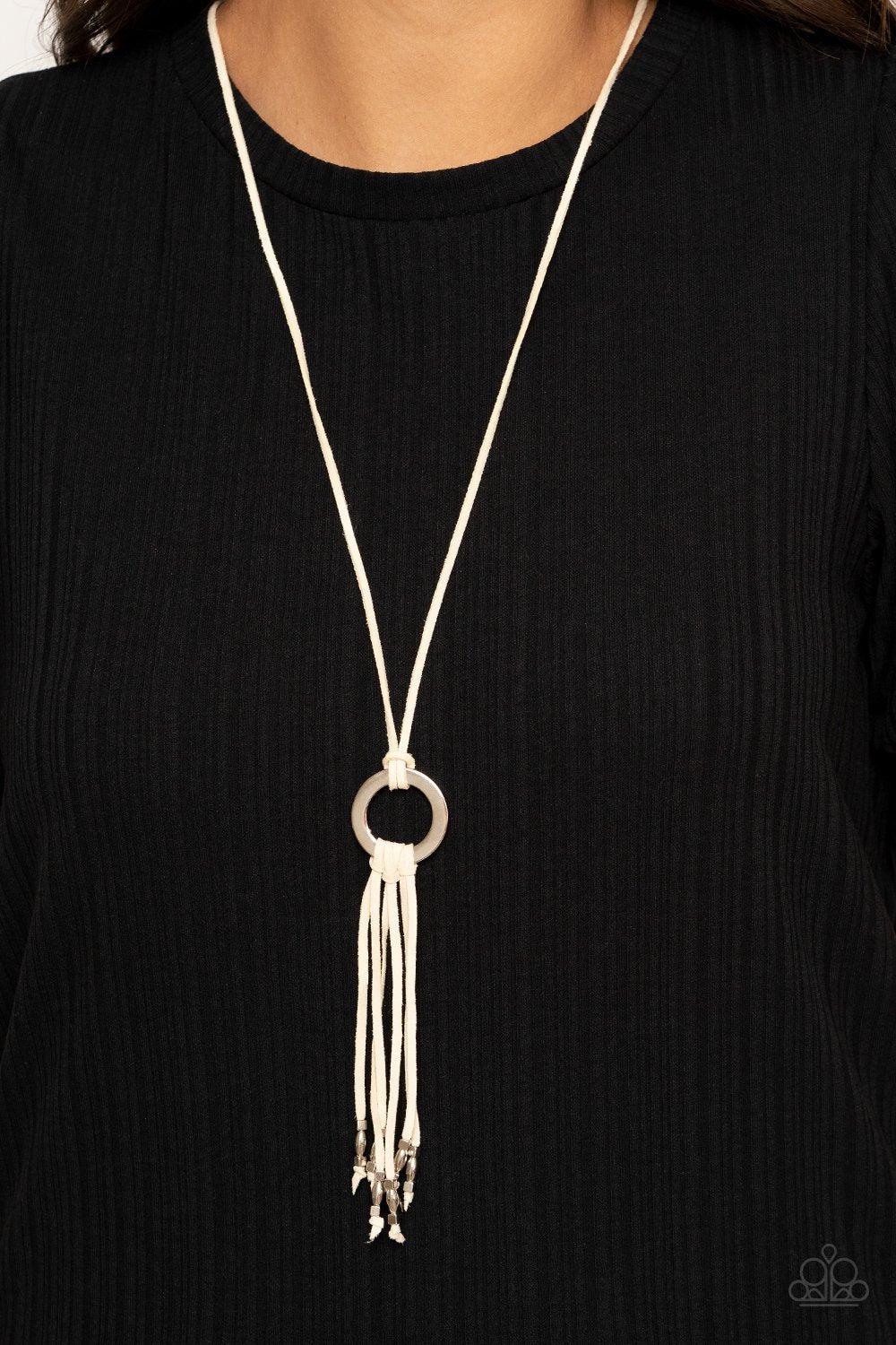 Feel at HOMESPUN White Suede and Silver Tassel Necklace - Paparazzi Accessories- on model - CarasShop.com - Paparazzi Jewelry by Cara Jewels