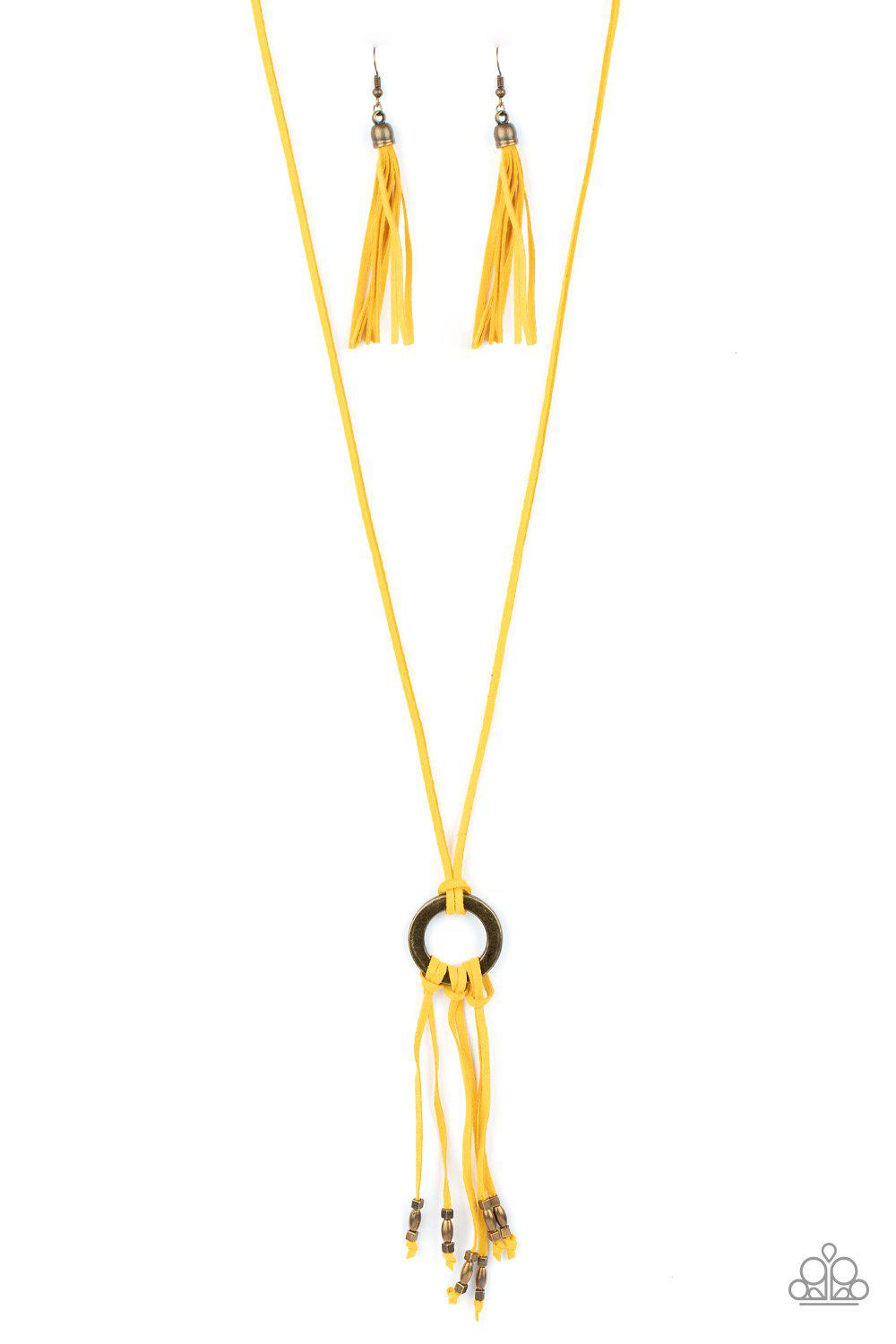 Feel at HOMESPUN Yellow Suede Tassel Necklace - Paparazzi Accessories- lightbox - CarasShop.com - Paparazzi Jewelry by Cara Jewels