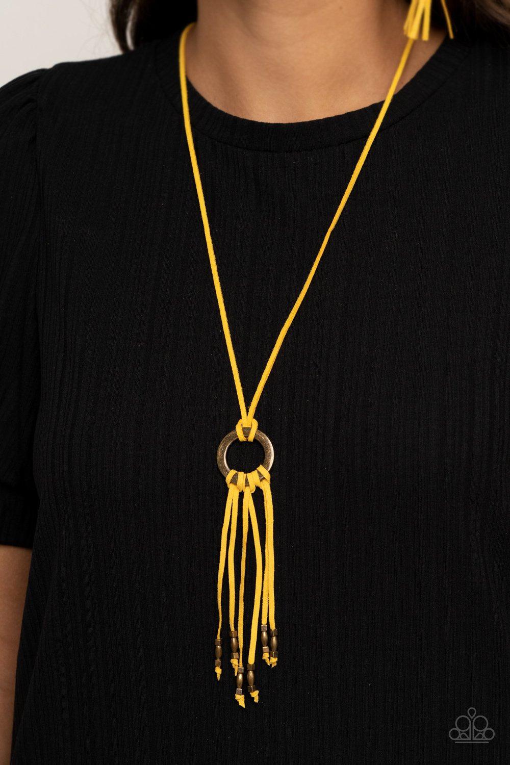 Feel at HOMESPUN Yellow Suede Tassel Necklace - Paparazzi Accessories- on model - CarasShop.com - Paparazzi Jewelry by Cara Jewels