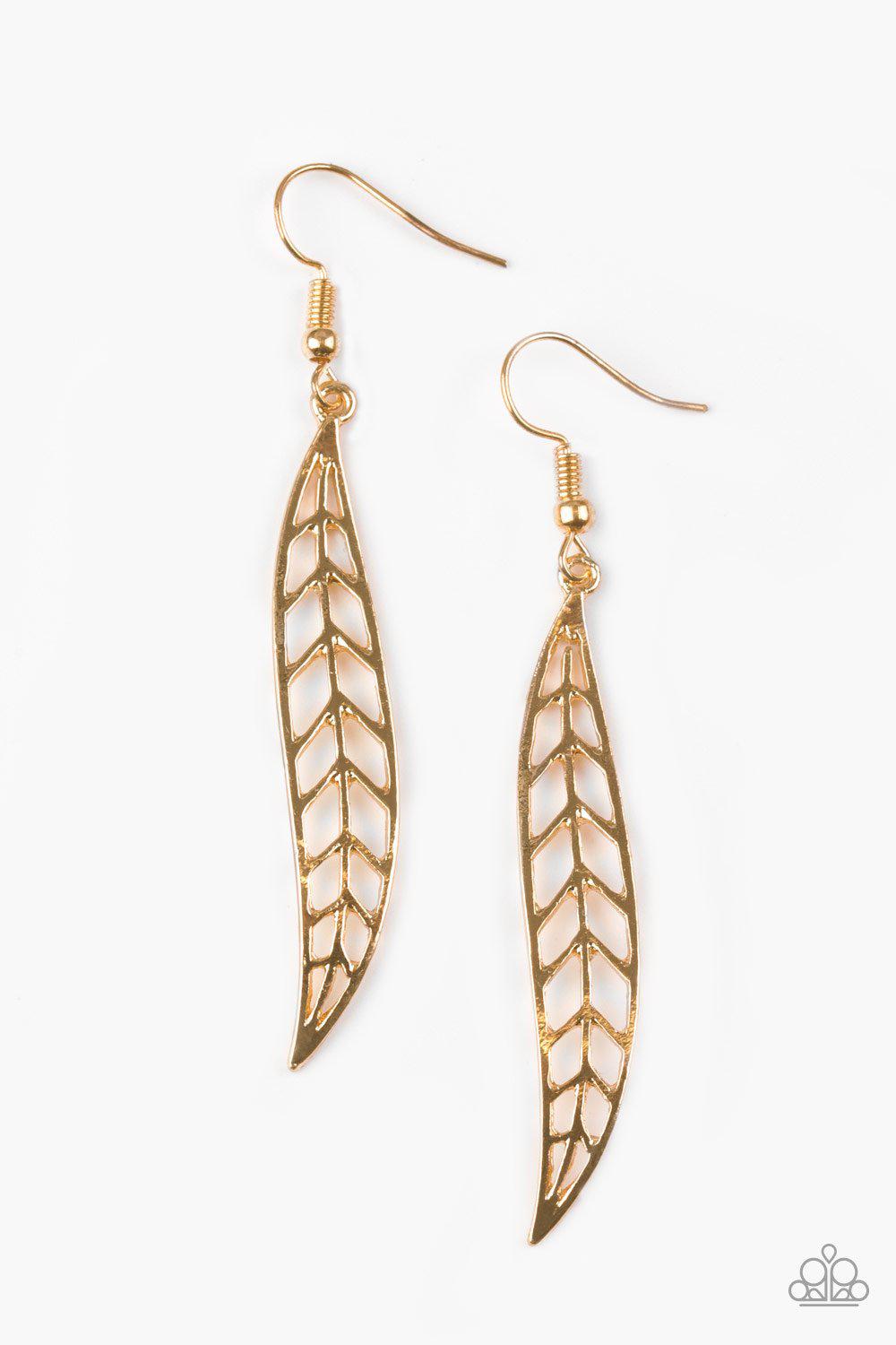 Feelin' Feathery Gold Earrings - Paparazzi Accessories- lightbox - CarasShop.com - Paparazzi Jewelry by Cara Jewels