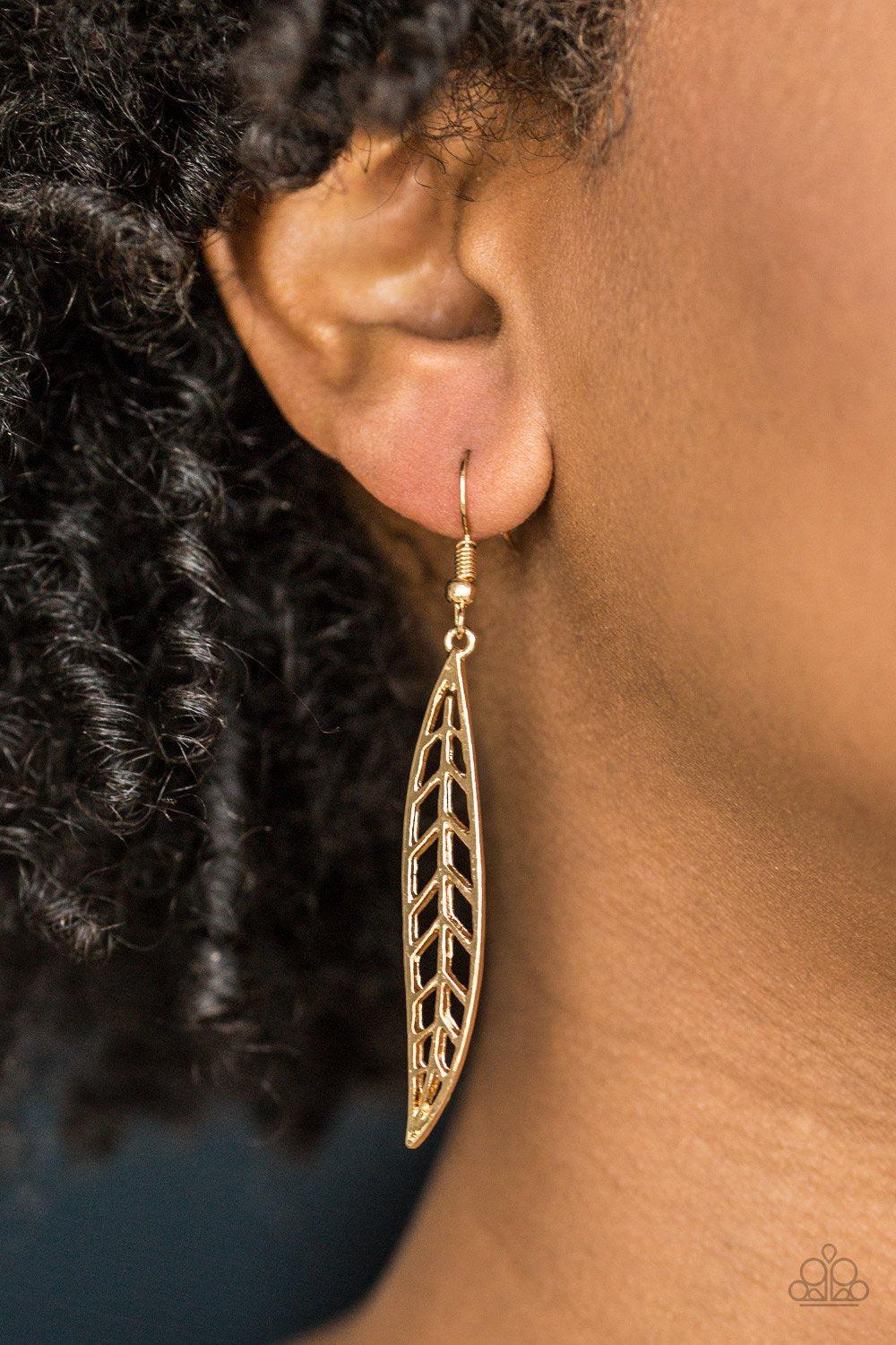 Feelin' Feathery Gold Earrings - Paparazzi Accessories- on model - CarasShop.com - Paparazzi Jewelry by Cara Jewels