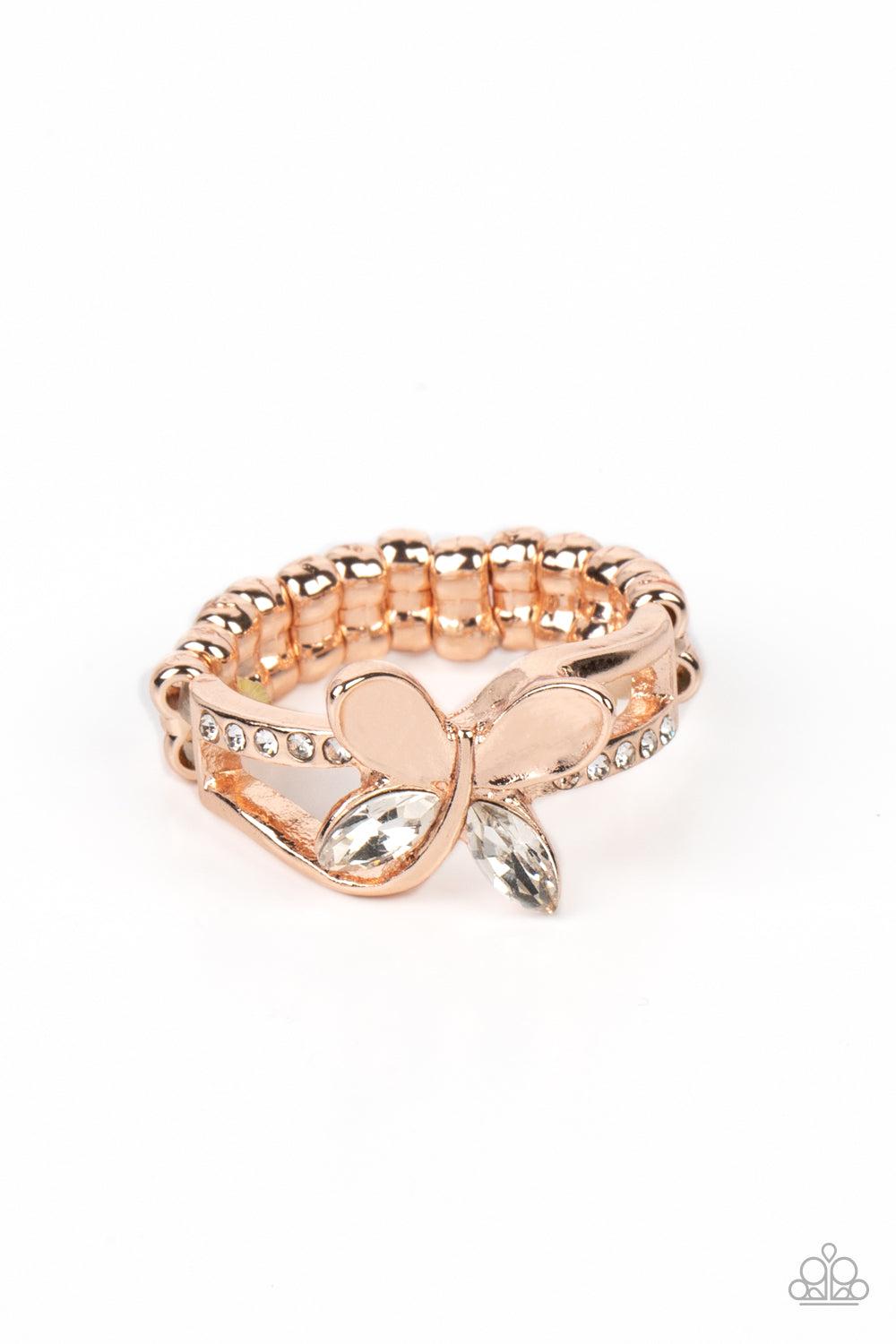 Fetching Flutter Rose Gold Butterfly Ring - Paparazzi Accessories- lightbox - CarasShop.com - Paparazzi Jewelry by Cara Jewels